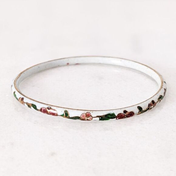 Vintage Cloisonne Floral Thin Bangle Bracelet - Picture 1 of 5